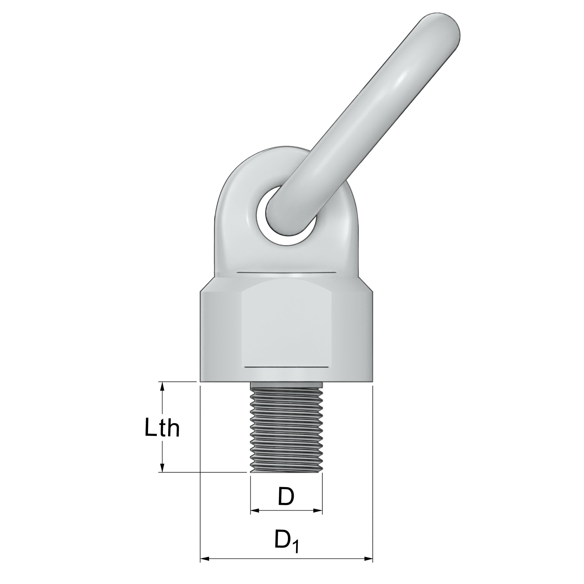 White swivel eye bolt with threaded shank and dimension labels.