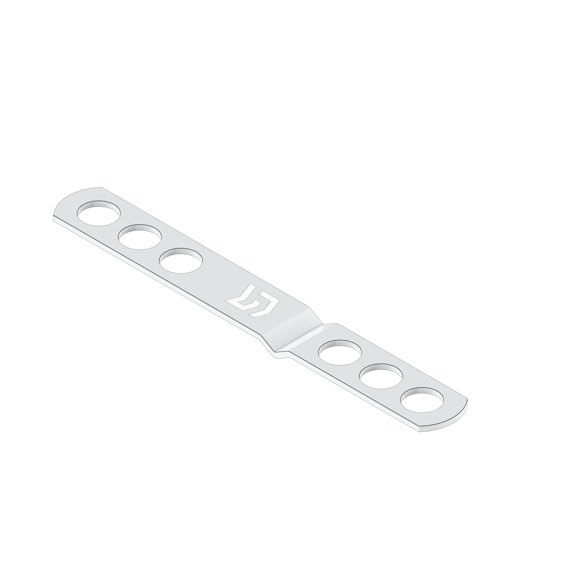 Silver metal connecting plate with three holes on both ends and a central logo.