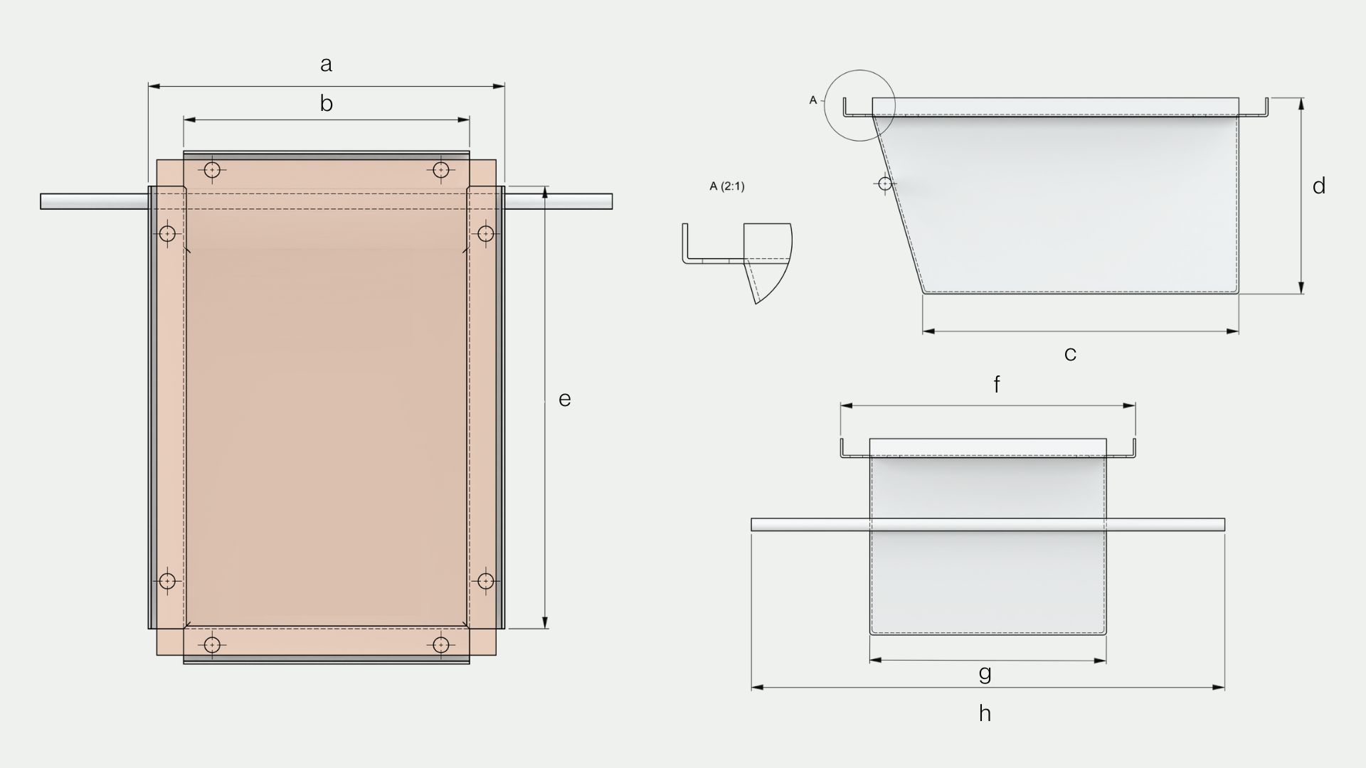 a drawing of a metal box with measurements on a white background .