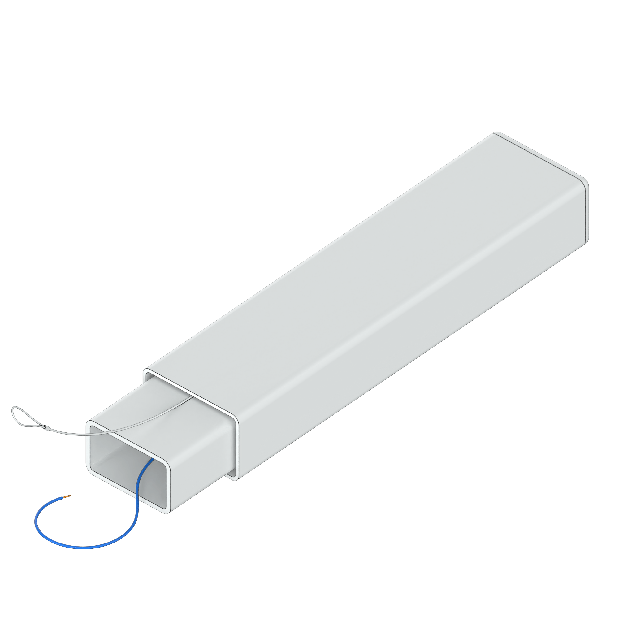 White rectangular electrical conduit with a blue wire and a white pull wire partially threaded.