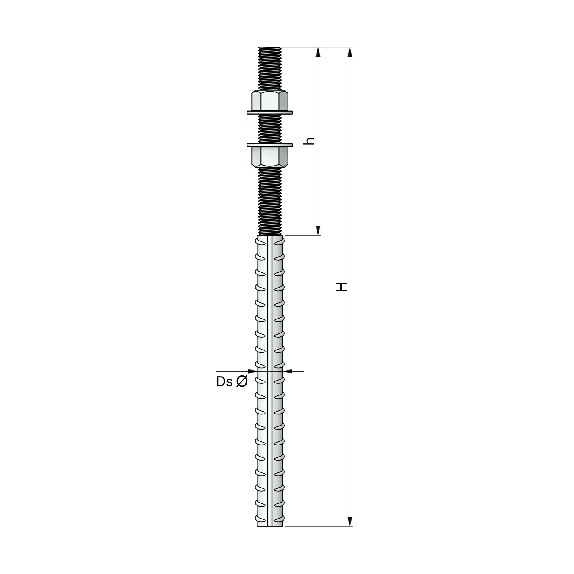 a drawing of a metal rod with nuts and washers on a black background .