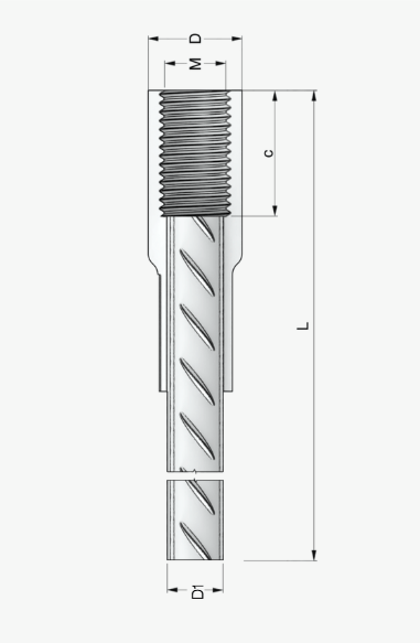 Schematic of a threaded rebar connector with ribbed shaft and labeled dimensions.