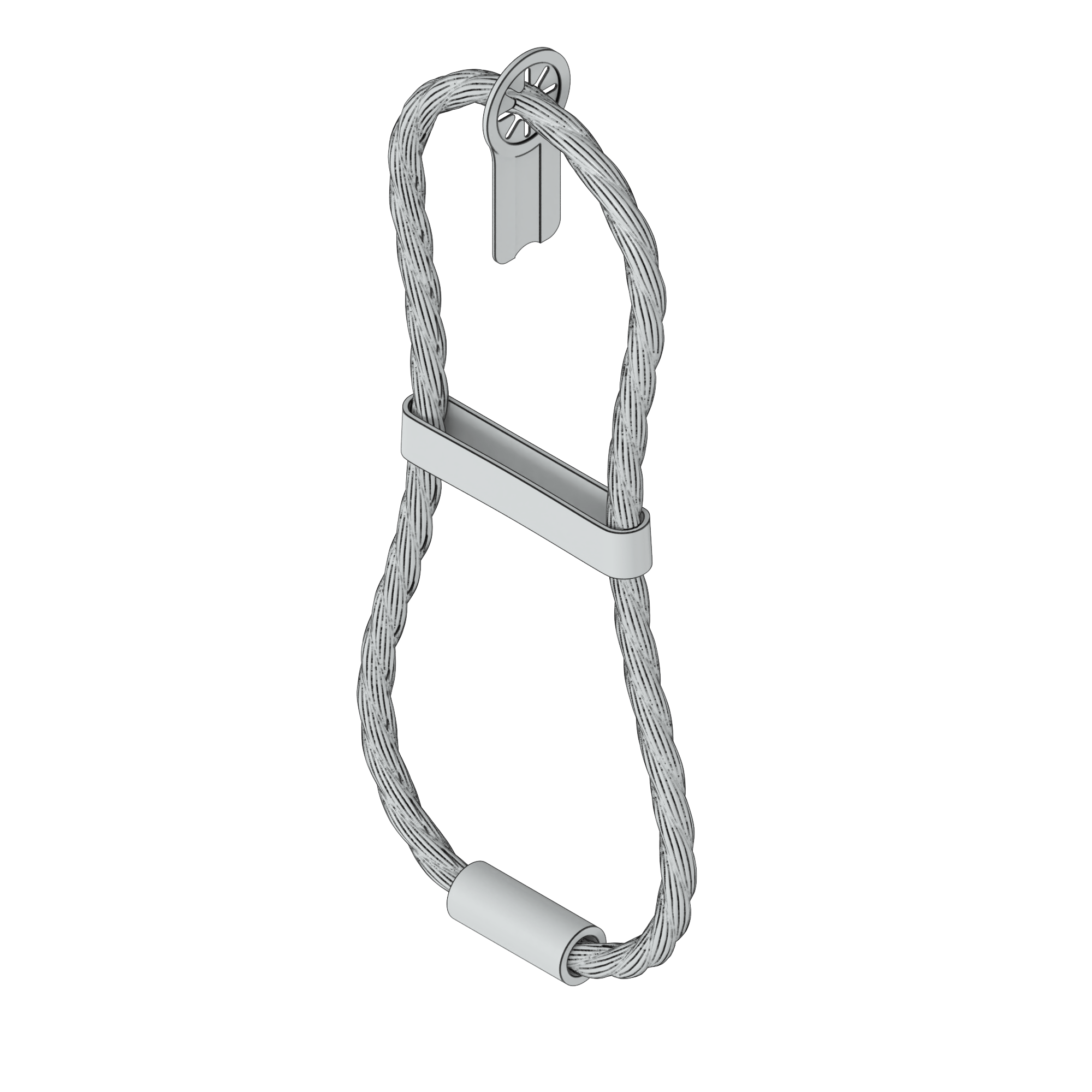 Wire rope loop secured with a rectangular sleeve and a cylindrical crimp, featuring a small metal identification tag.