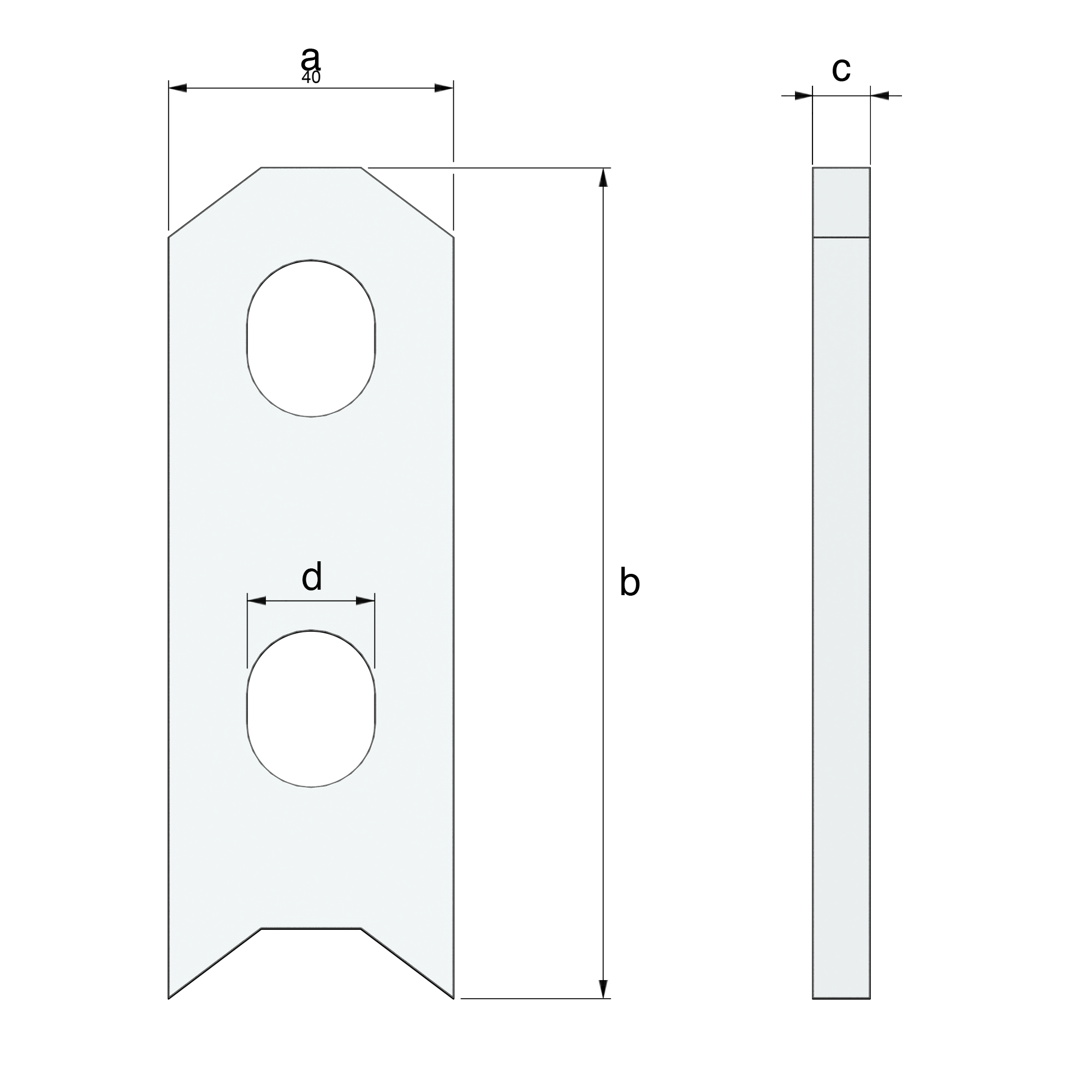 a black and white drawing of a piece of metal with two holes in it .