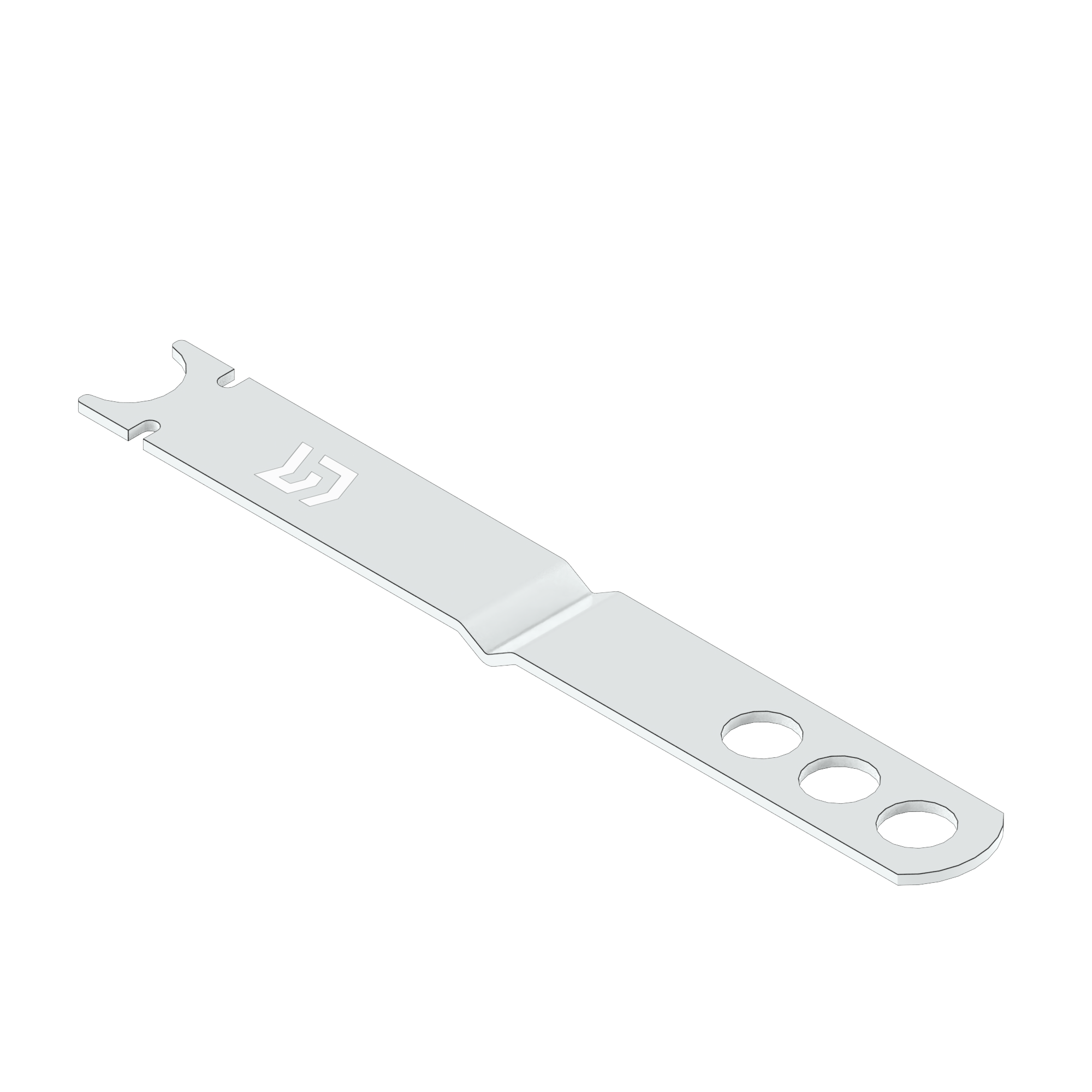 A flat, silver-colored metal tool with a notched end, a logo, and three holes at the opposite end.