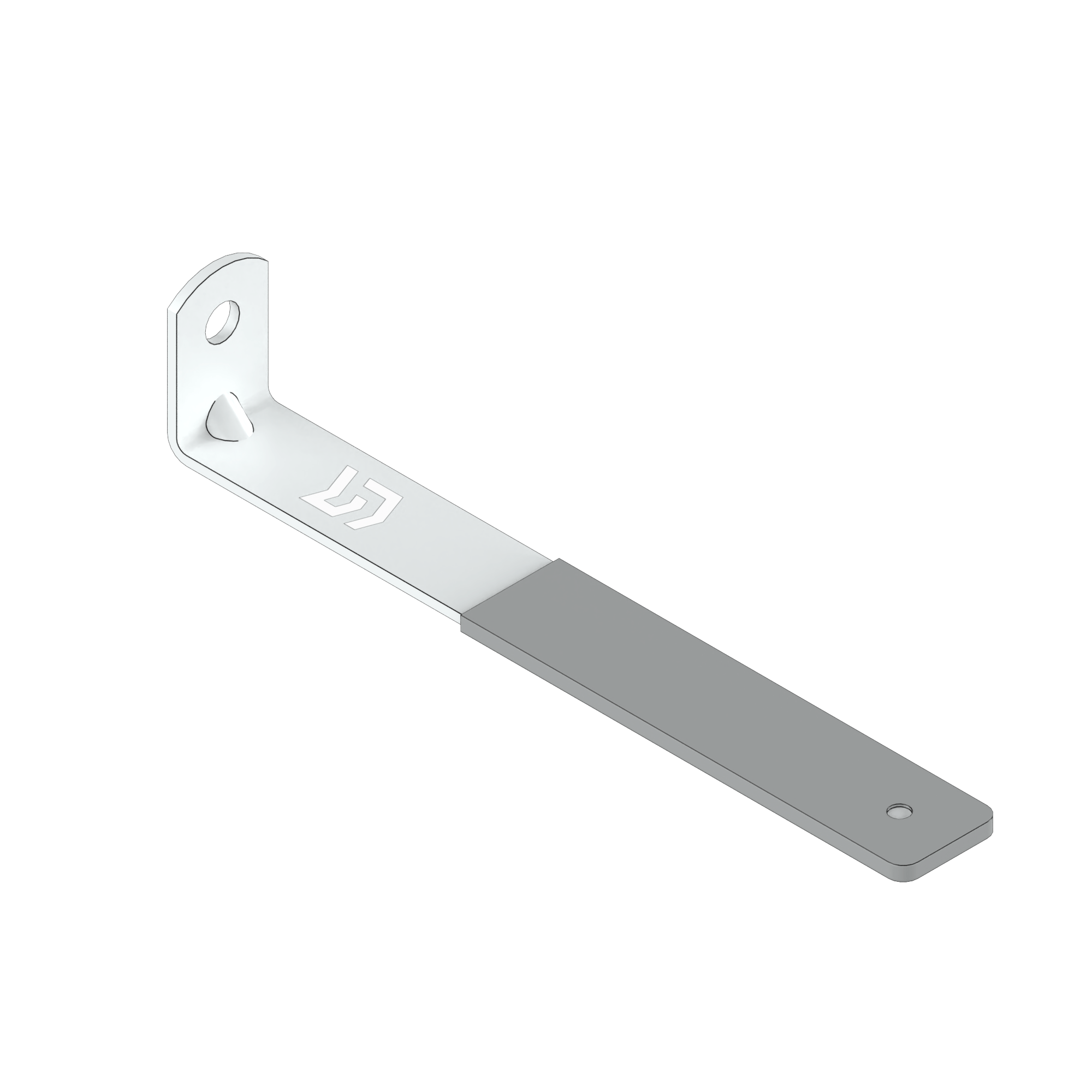 A white and grey L-shaped metal bracket with a logo and mounting holes.