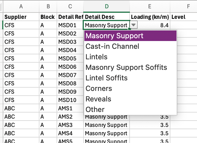 a spreadsheet with a list of suppliers and a list of masonry support