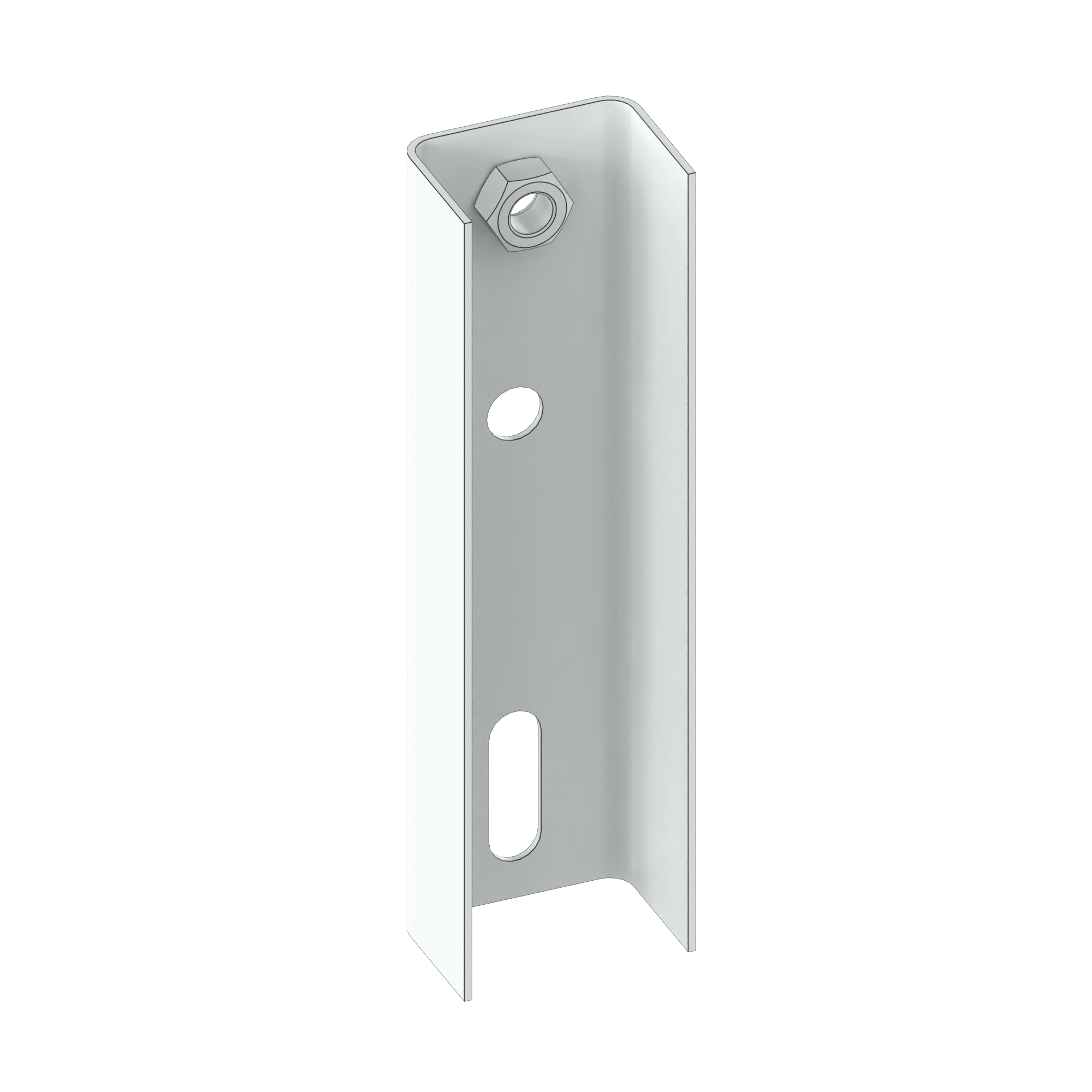 White C-channel metal bracket with a hex nut, round hole, and elongated slot.
