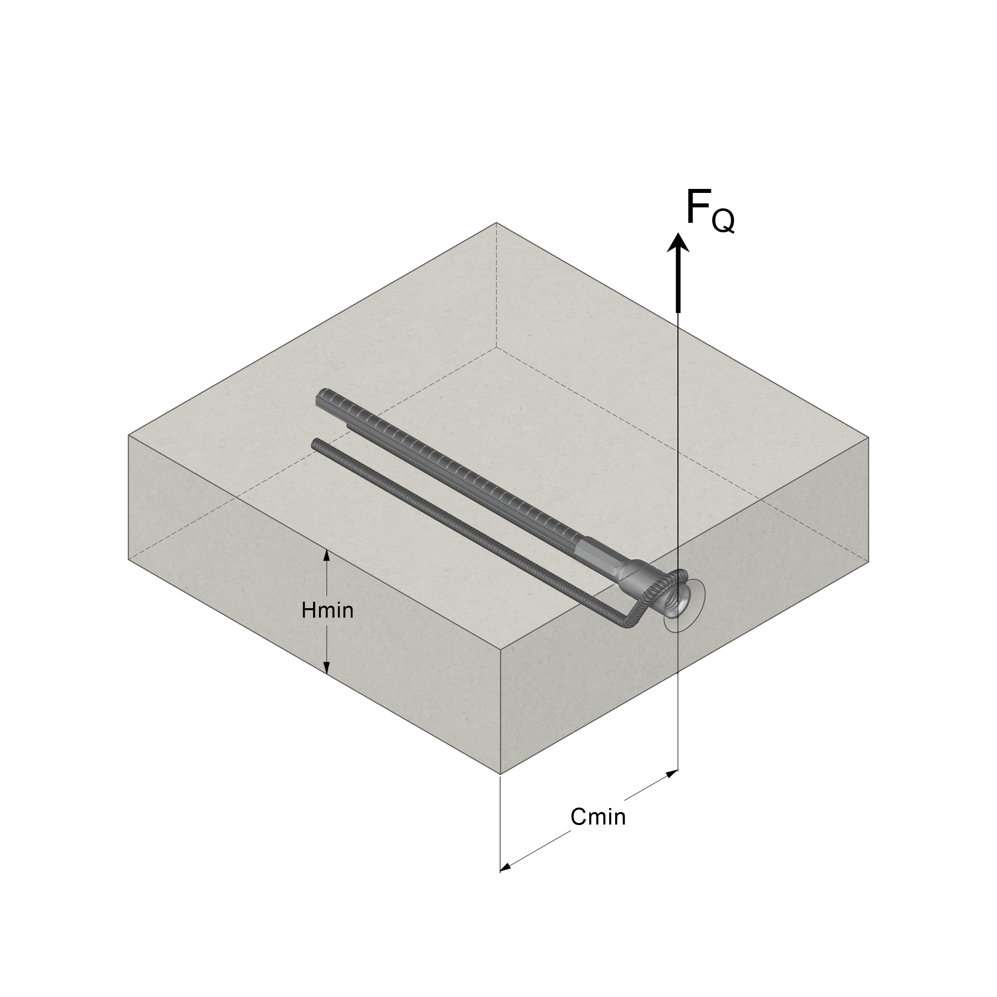 a drawing of a screw in a concrete block with hmin written below it
