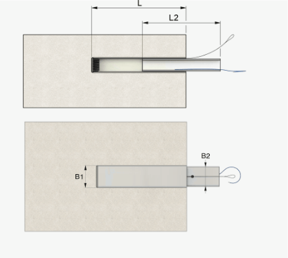Technical diagram of a device inserted into a rectangular block, shown in top and side views with dimensions L, L2, B1, and B2.