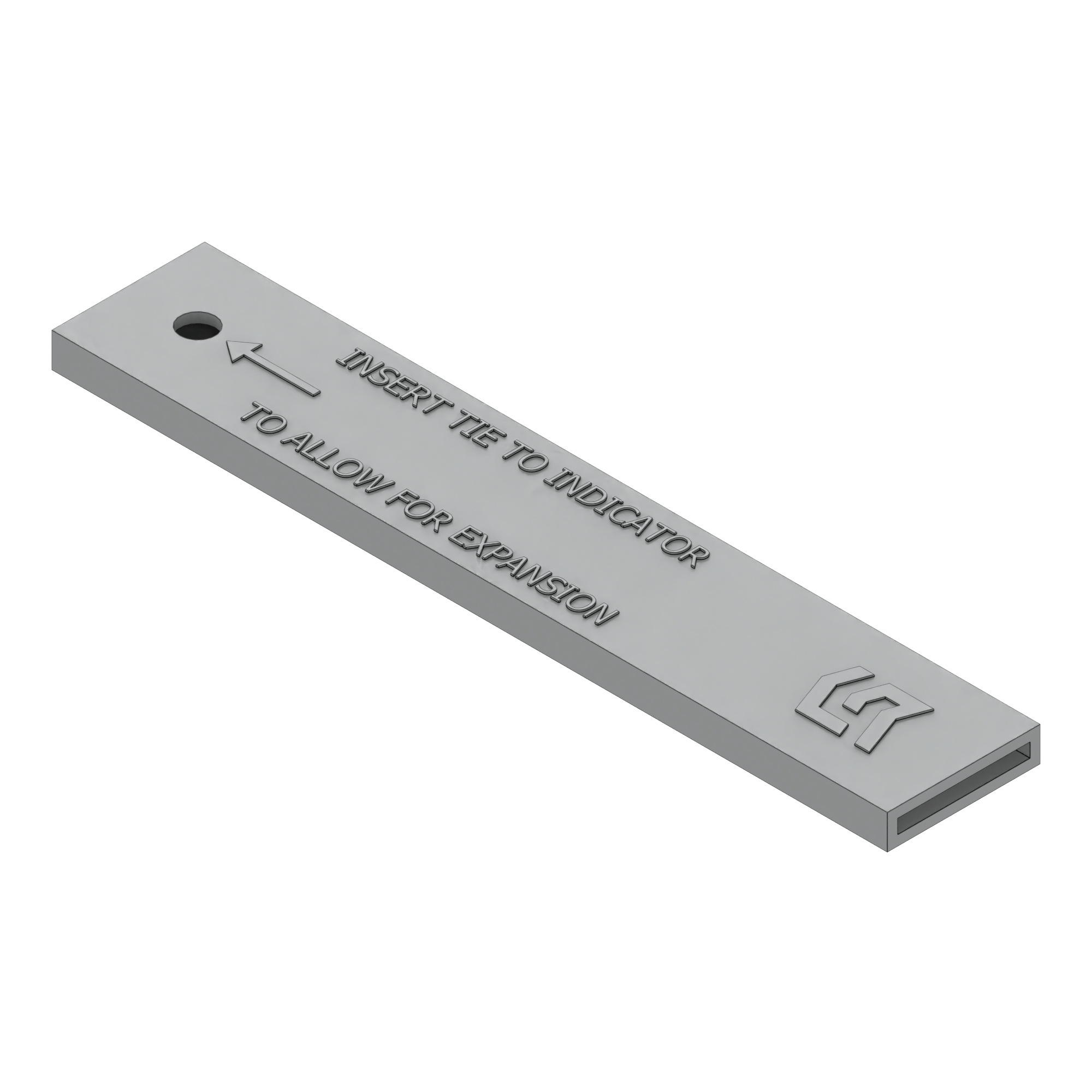 Gray expansion tie indicator with a hole, arrow, and text 'INSERT TIE TO INDICATOR TO ALLOW FOR EXPANSION'.