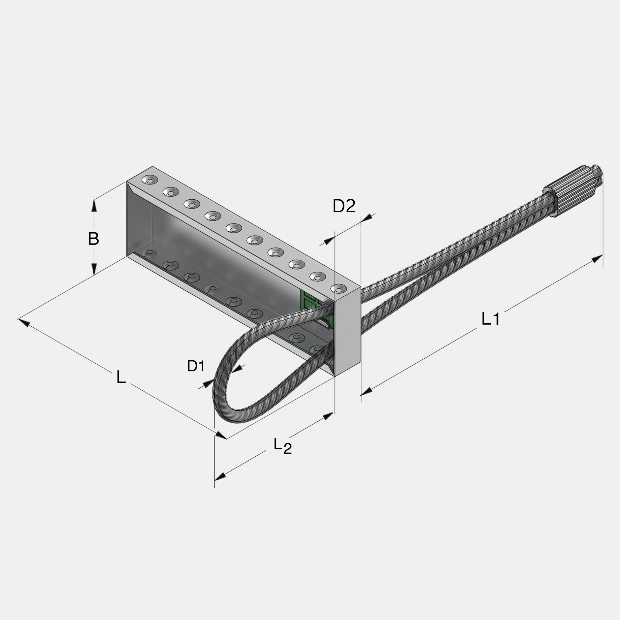 a drawing of a metal object with measurements including d2 and l2
