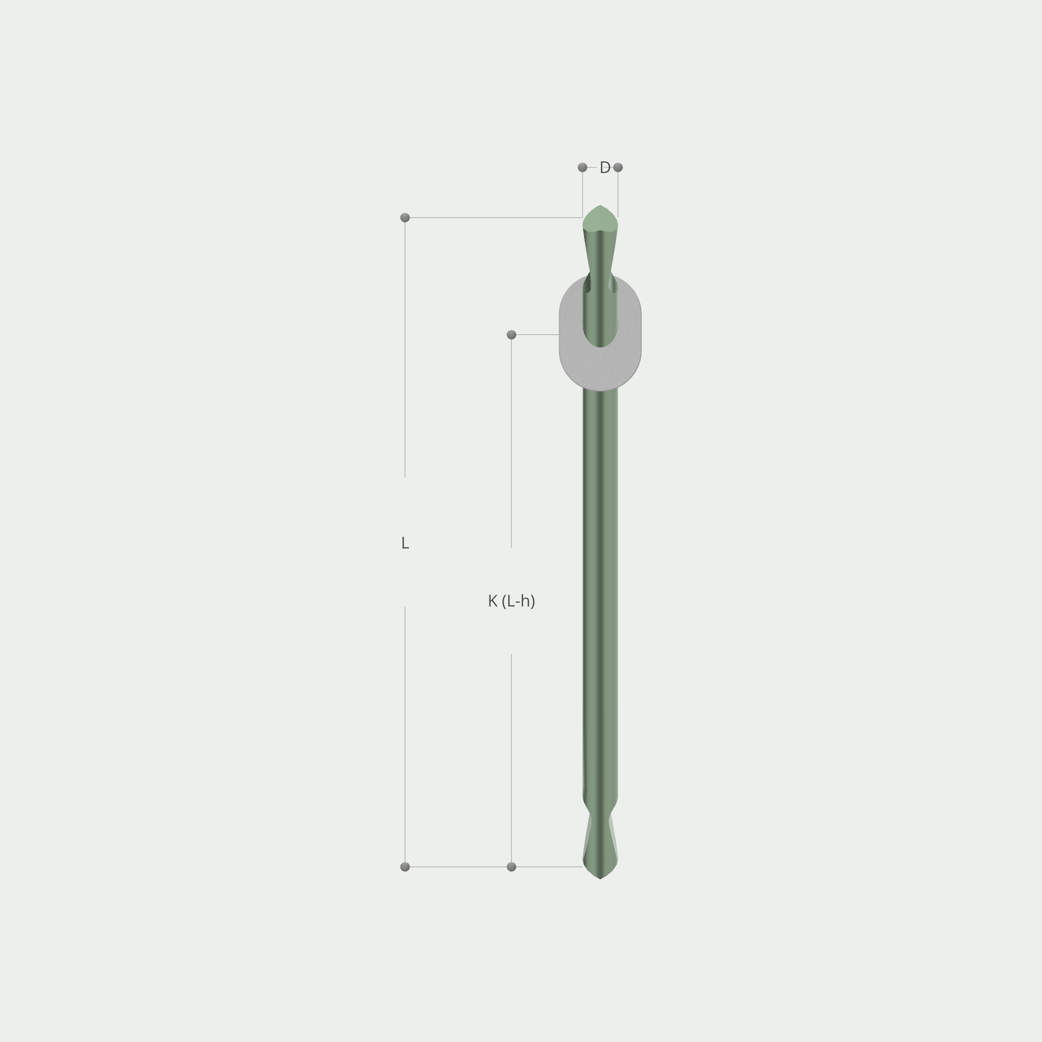 a drawing of a needle with measurements including k ( l-h )