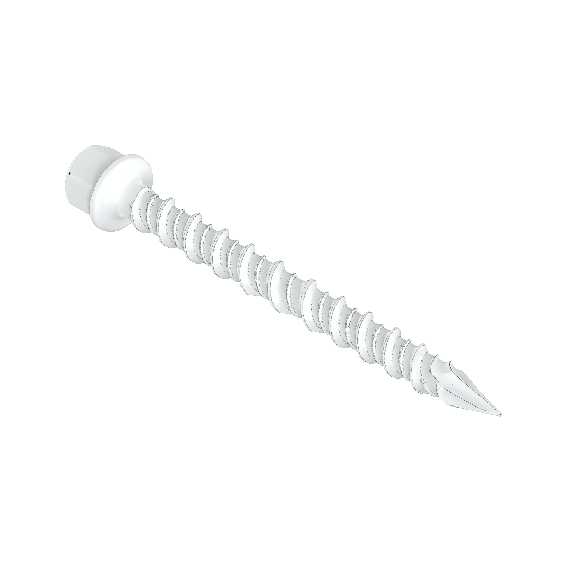 A white self-drilling screw with a domed washer head.
