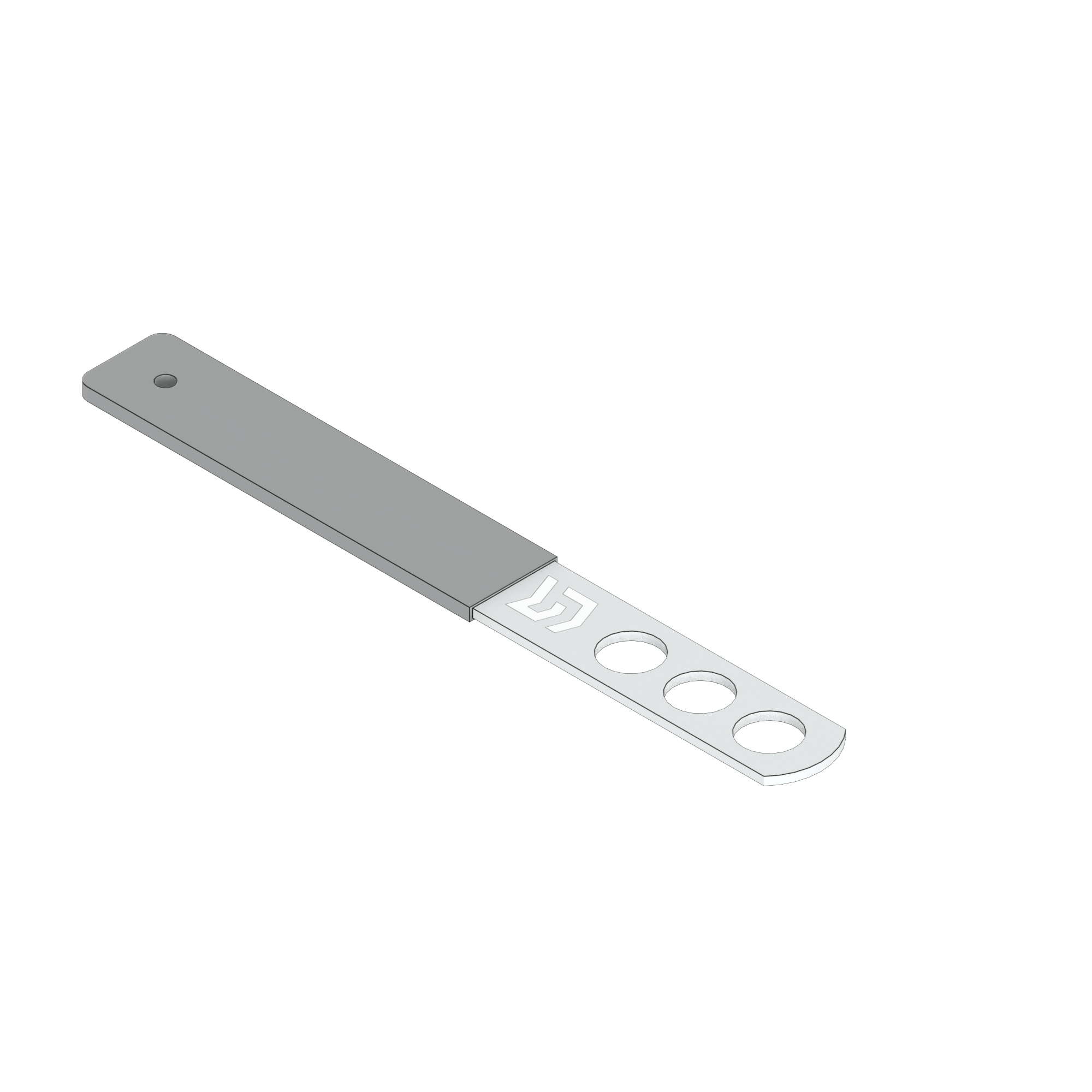 A flat, gray rectangular strip with a dark gray section at one end and three circular holes at the other.