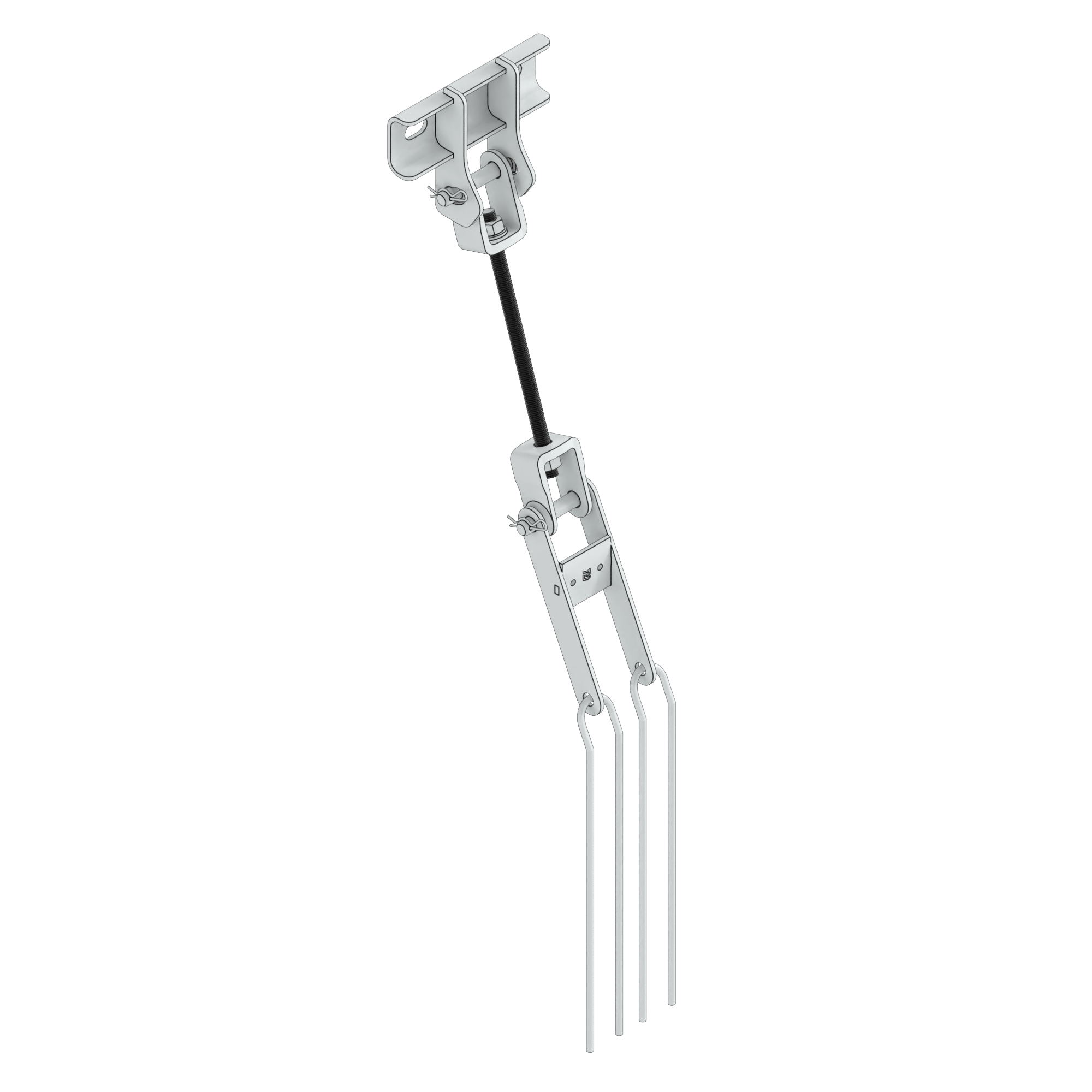 A gray display hanger with a top mounting bracket, connecting rod, and three prongs.