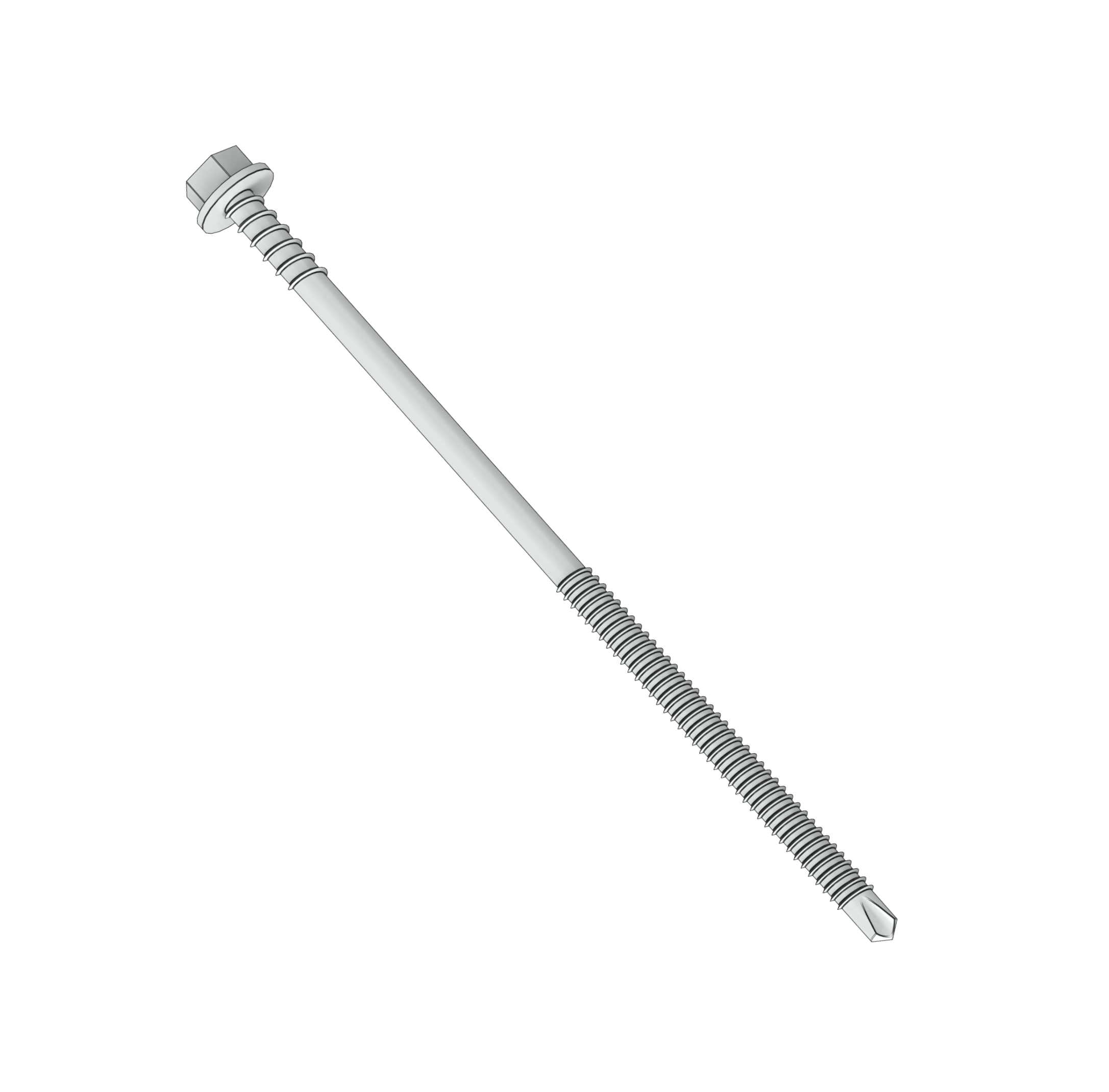 Long self-drilling hex washer head screw.