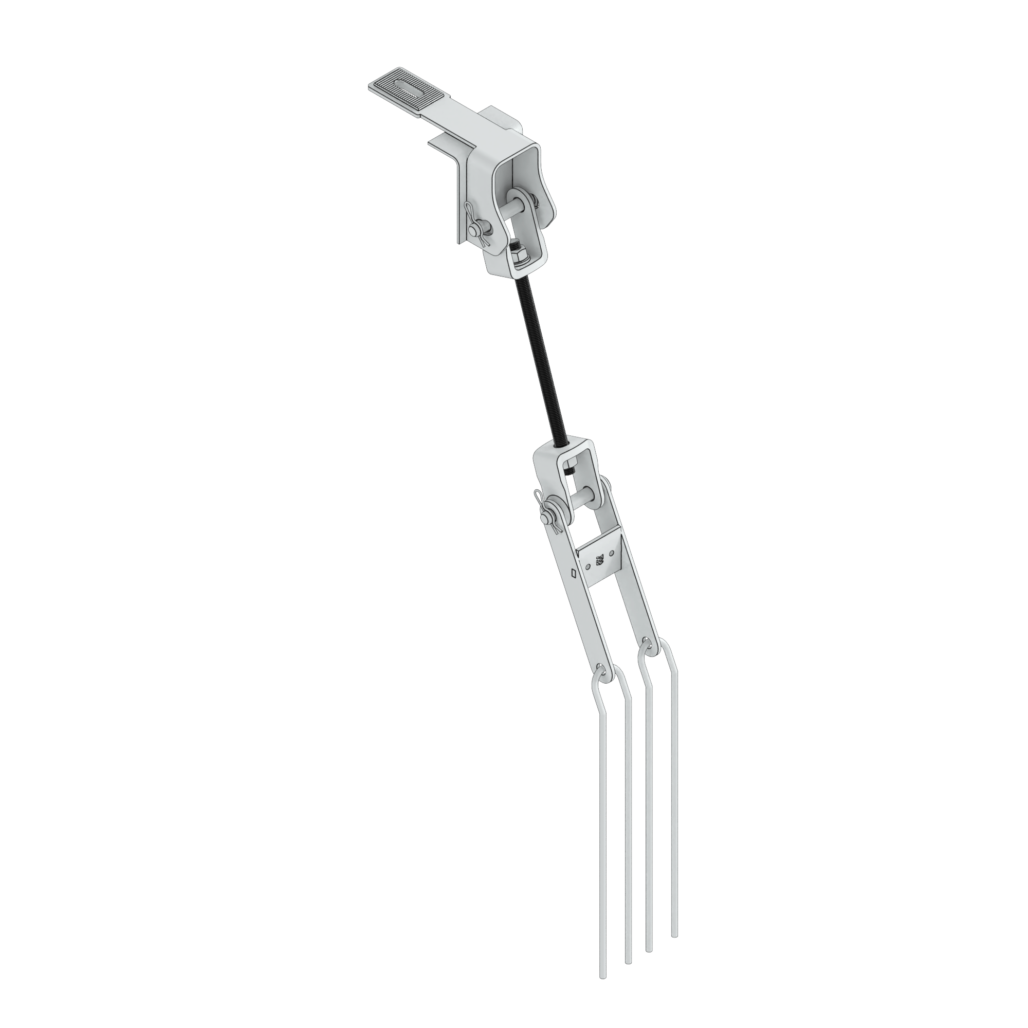 Isometric view of a light gray metal cable suspension clamp with three vertical prongs.