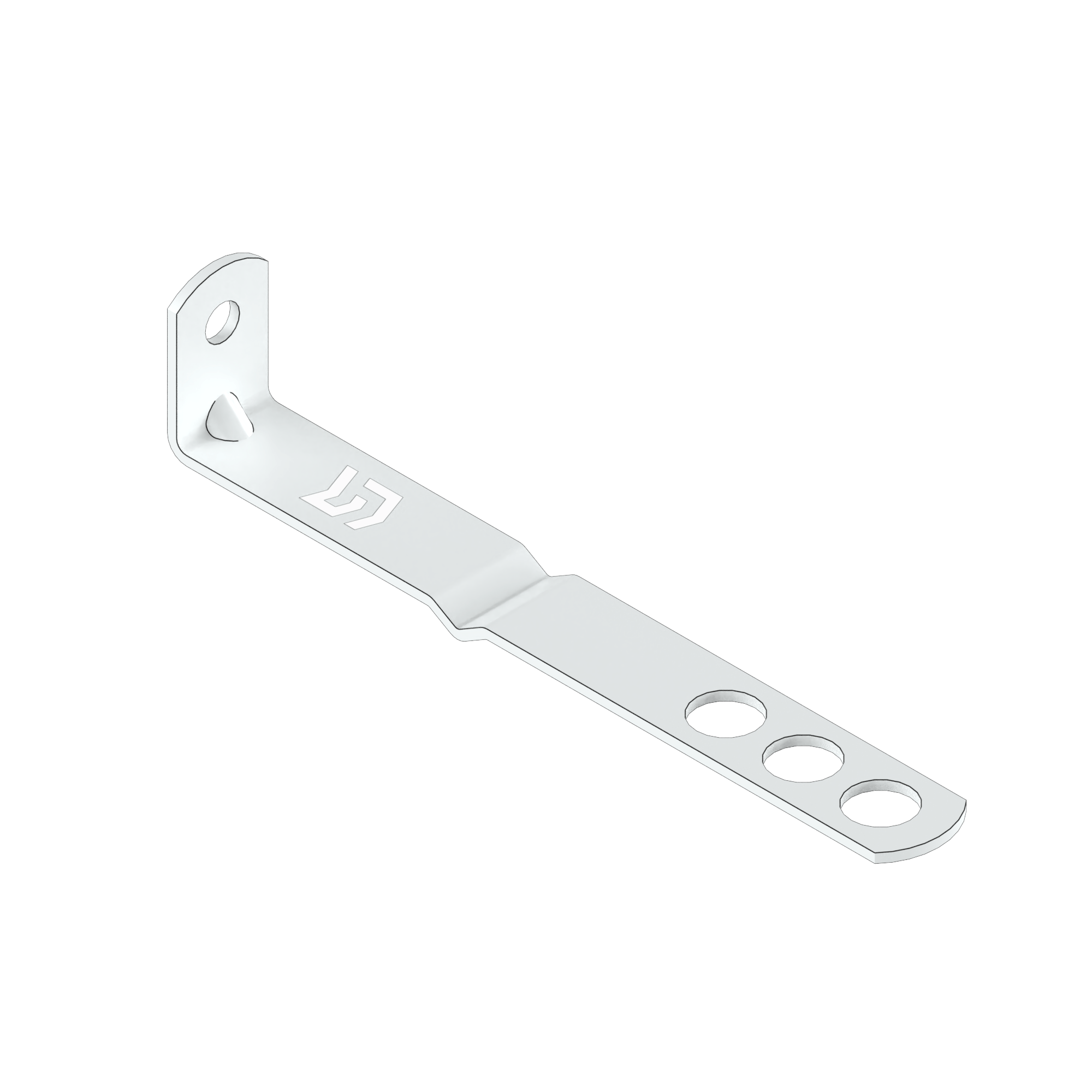 White L-shaped metal bracket with a logo and several mounting holes.