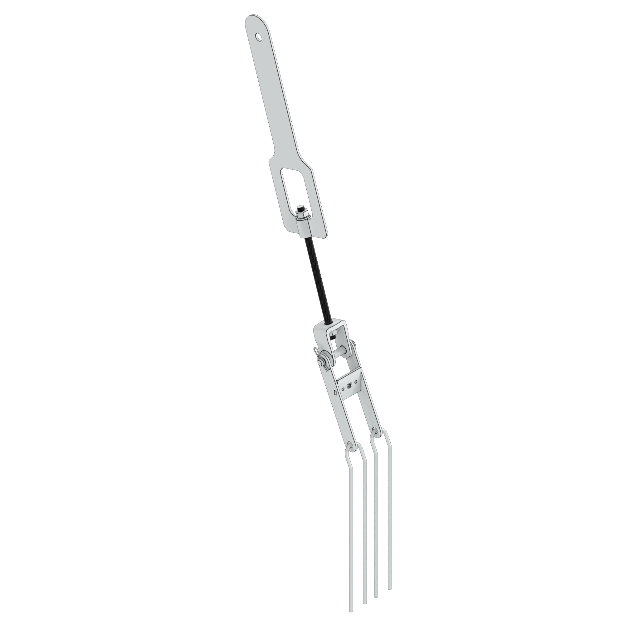 Adjustable metal linkage with a top hanger and three lower tines.