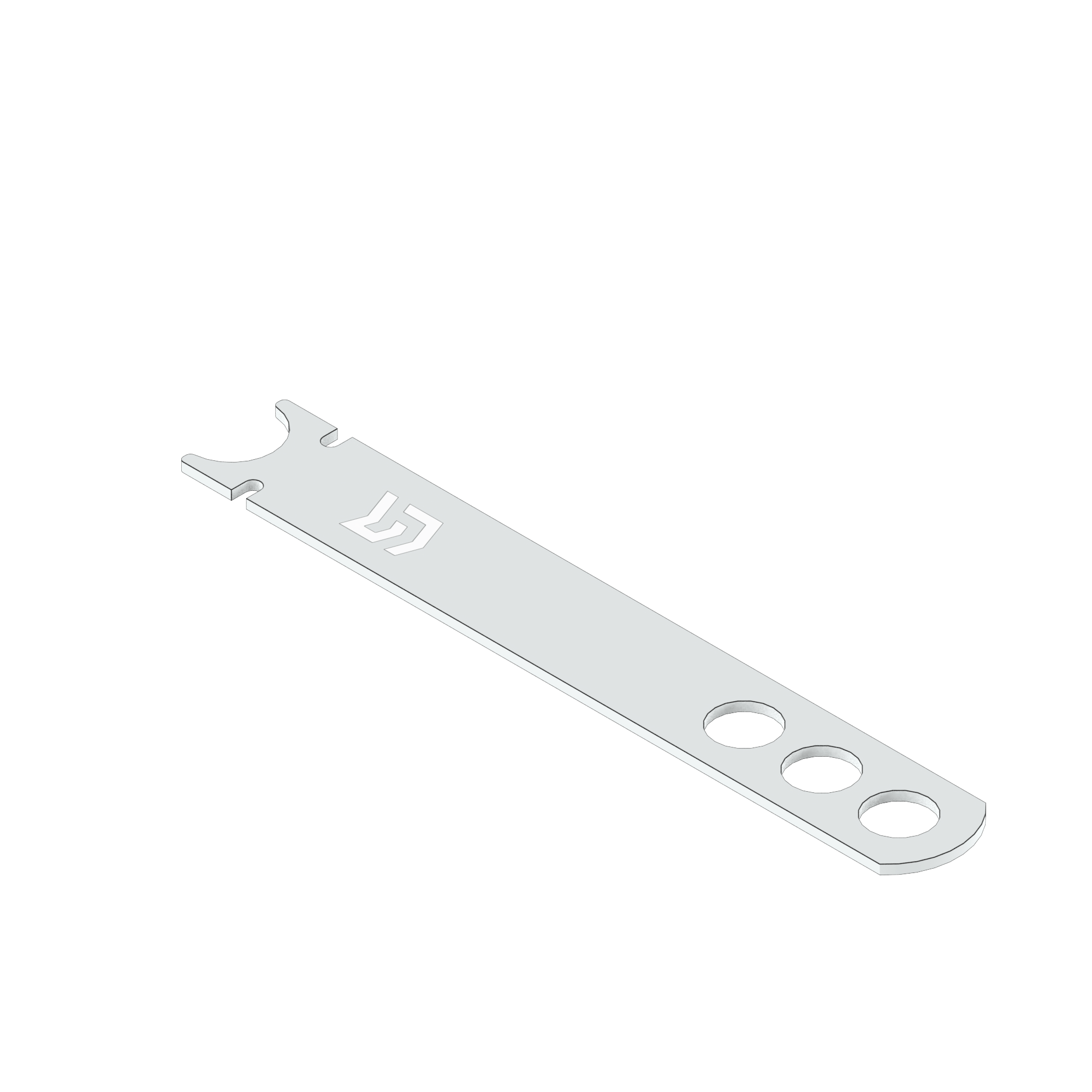 A flat silver tool with a small spanner end, a logo, and three holes.