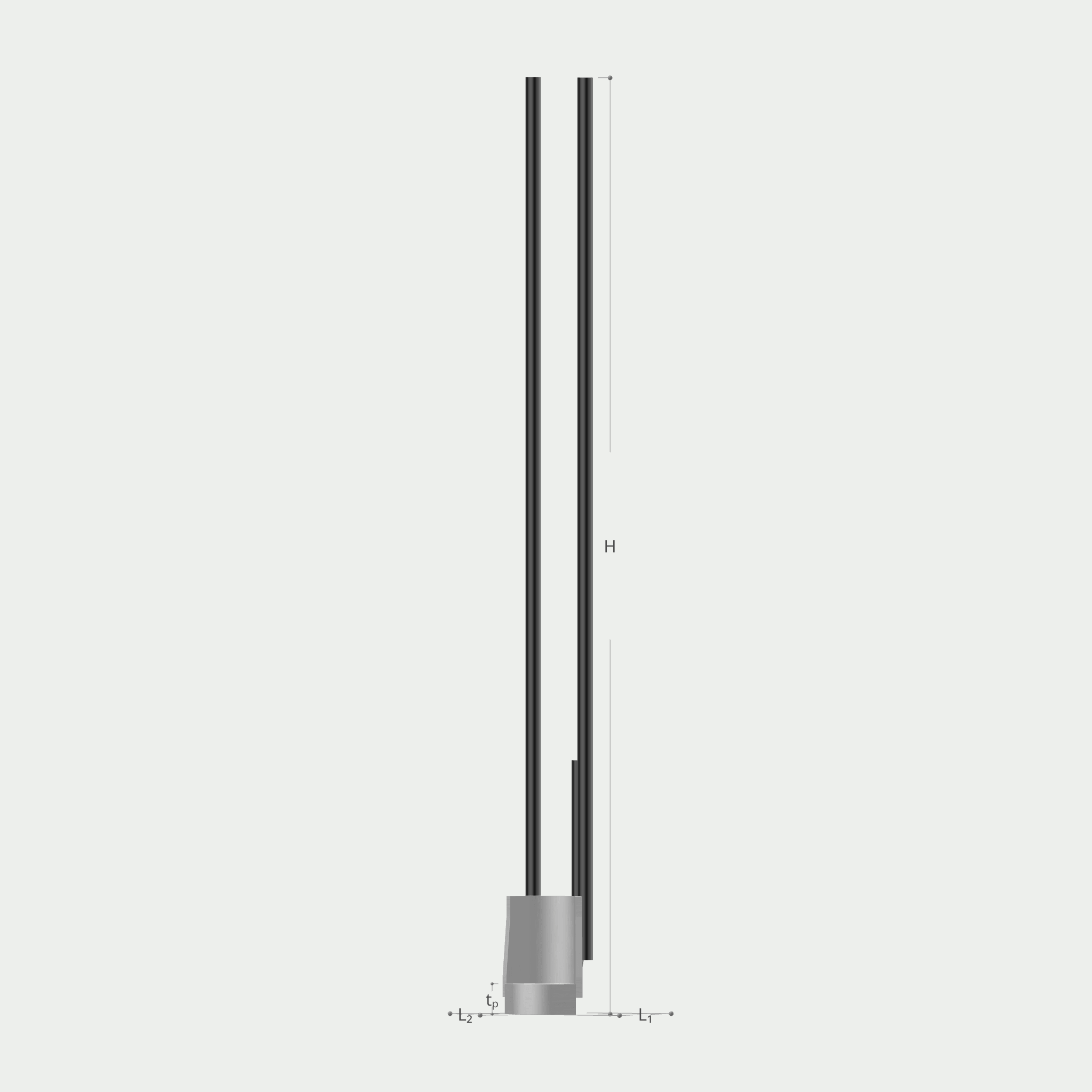 a drawing of a pole with measurements on a white background .