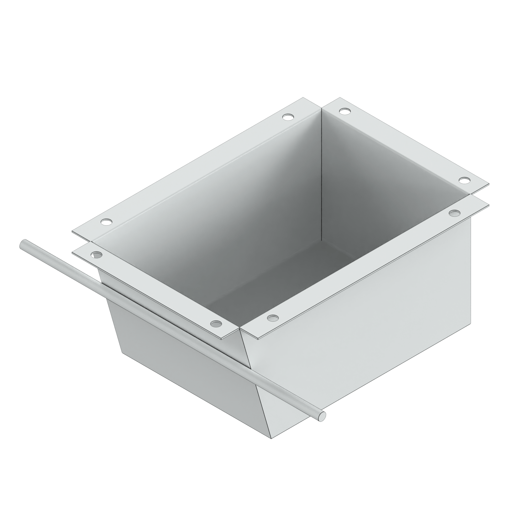 A rectangular metal container with a top mounting flange and a horizontal rod on one side.