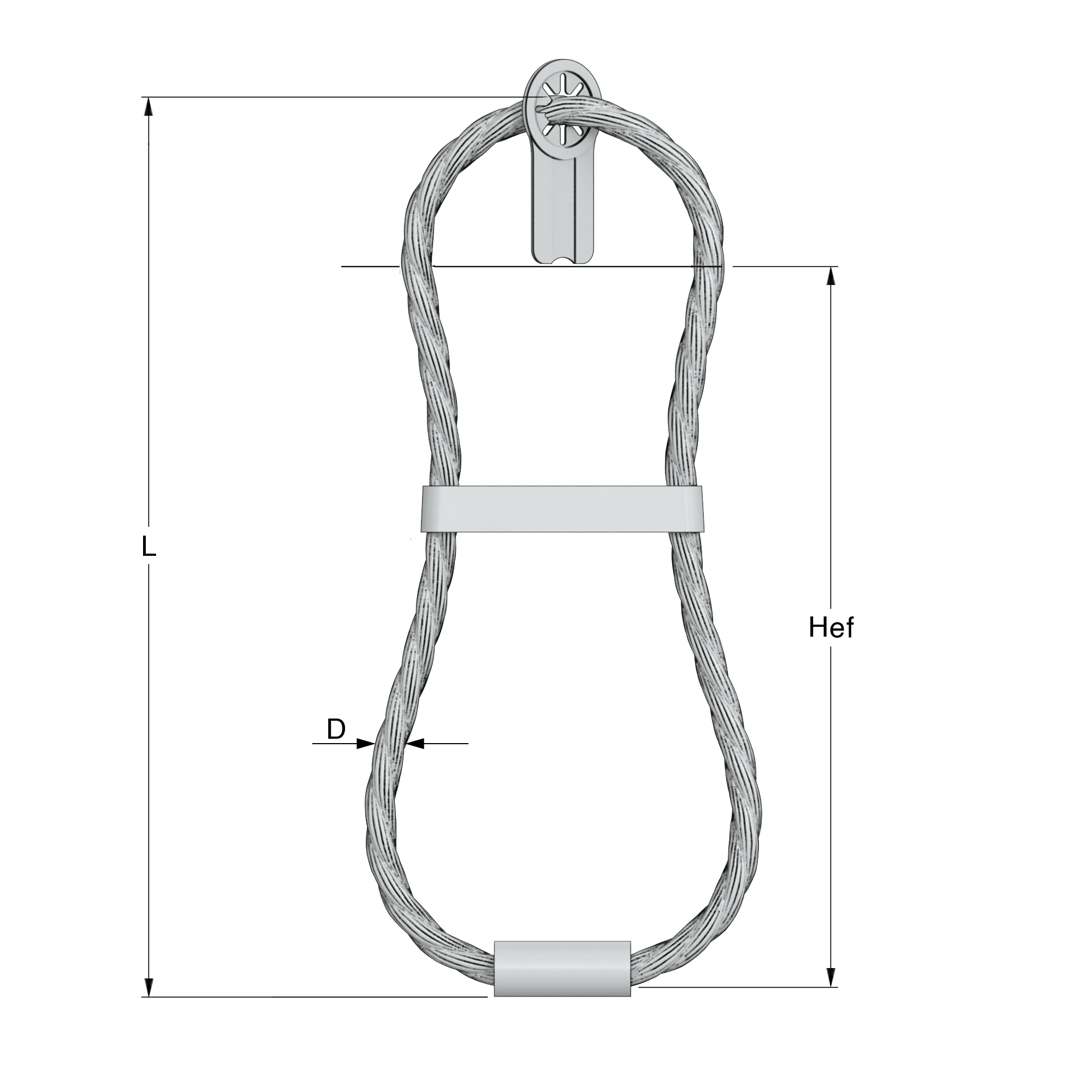 Schematic of a wire rope sling with a thimble and dimensions.