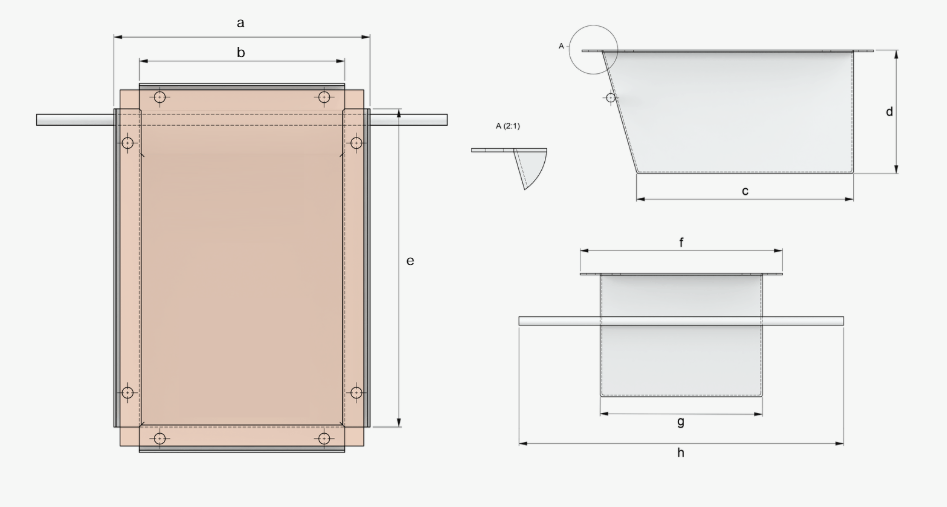Technical drawing of a rectangular component with mounting rods, shown in multiple views with labeled dimensions.